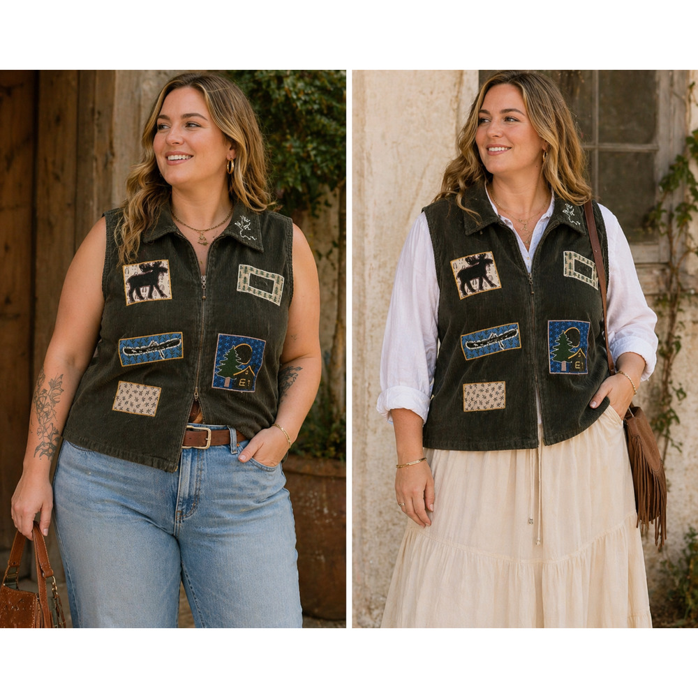 VTG Christopher & Banks Corduroy Embroidered Vest Cabin Hong Kong Patchwork-16W